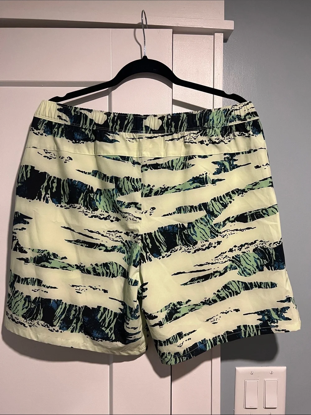 The North Face Pale Yellow Swim Trunks with Black and Teal Brush Print